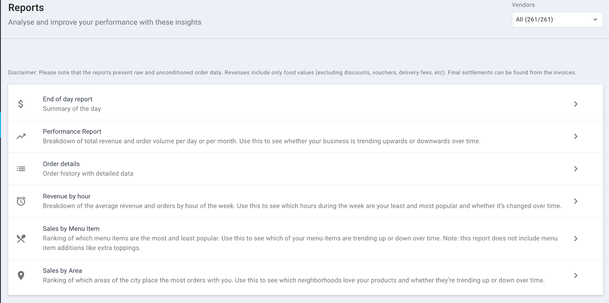 Earlier Reports screen: a list of destinations for daily reports, performance, order details and revenue.